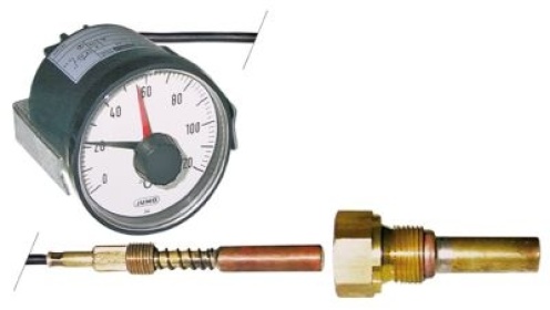Termostat teplotní rozsah 0-120°C montážní ø 60mm L čidla 28mm ø čidla 8mm kabelová průchodka M10x1