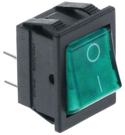 Kolébkový přepínač montážní rozměry 26,5x22mm zelený 2NO 250V přípojka Faston samec 6,3 mm 0-I